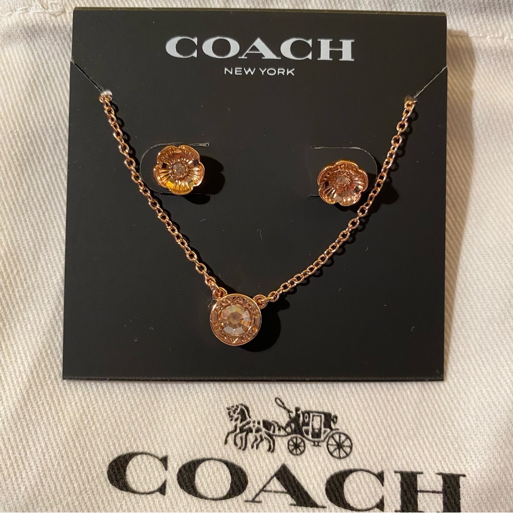 Coach Open Circle Necklace And Tea Rose Stud Earrings Set